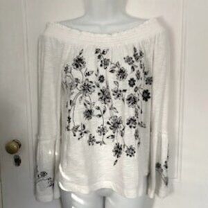 Anthropologie Off-The-Shoulder Top with Floral Embroidery & Bell Sleeves…